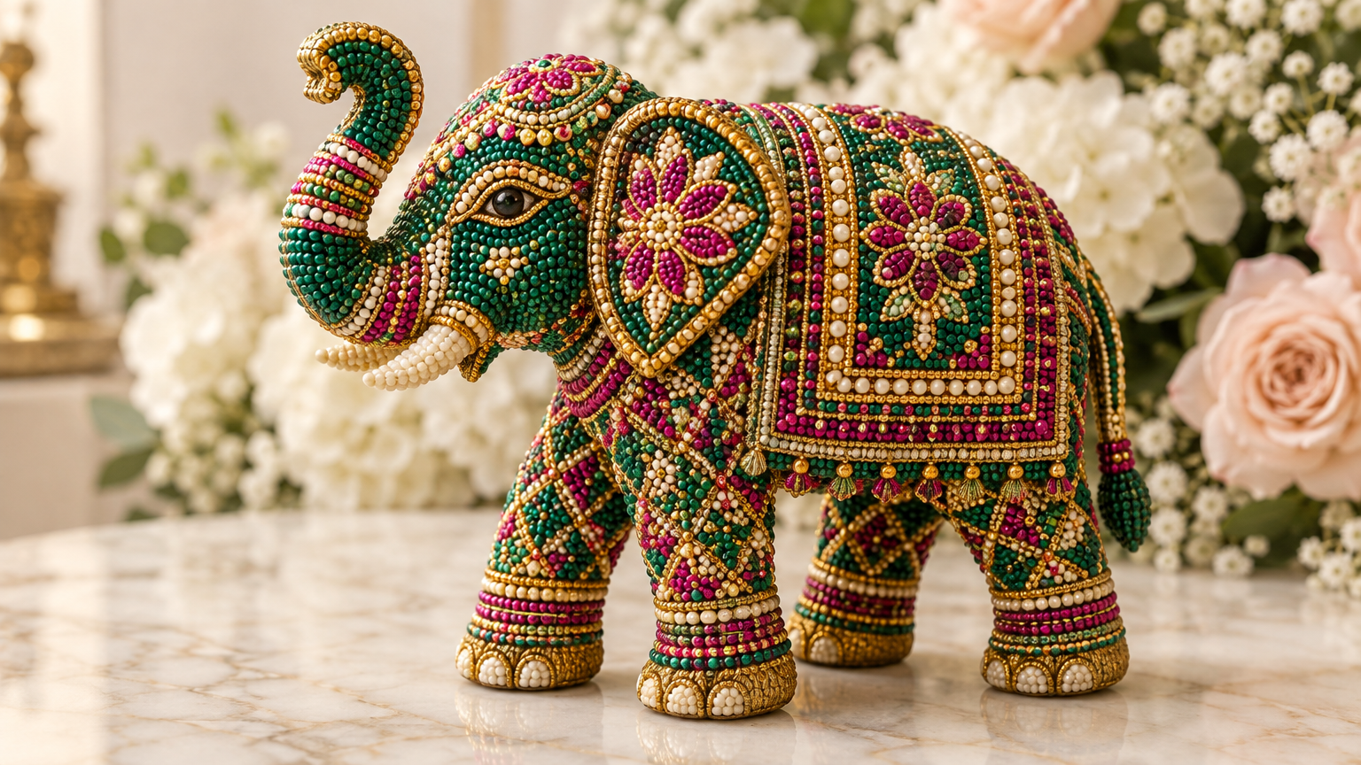 Ornate handcrafted beaded elephant in emerald, pink and gold beads