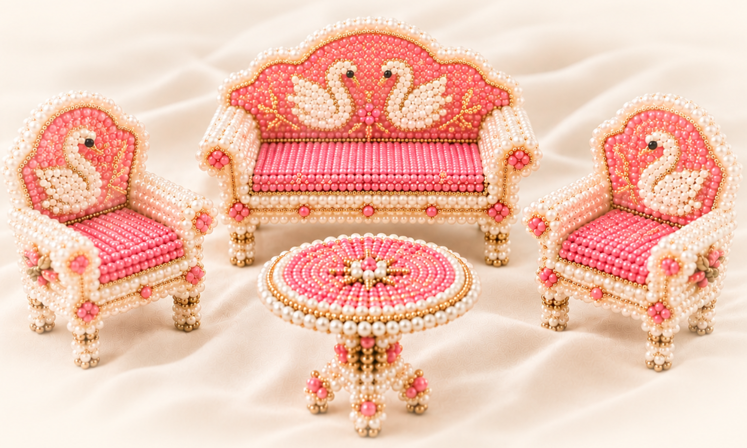 Handcrafted beaded miniature sofa set with swan motifs